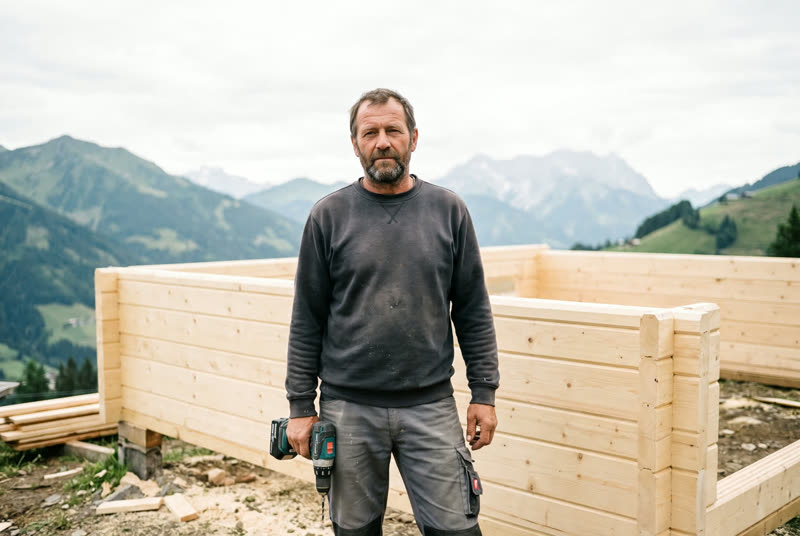 Person mit Akkubohrer vor einem Holzriegelbau, dahinter Berge, Blick in die Kamera