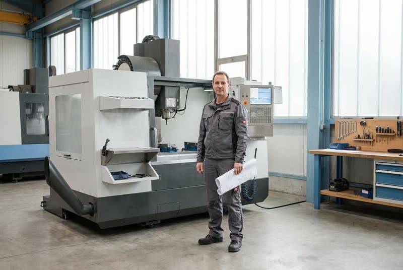 Maschinenbauer mit technischer Zeichnung vor einer CNC-Fräse, er sieht in die Kamera