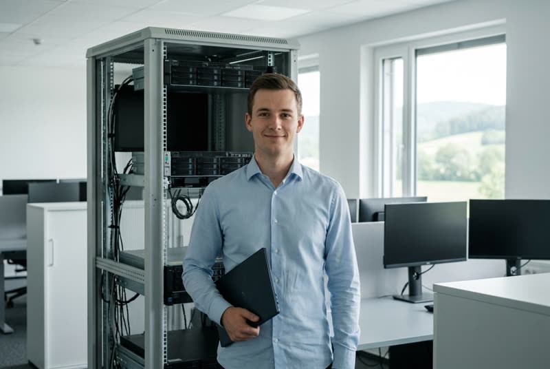 EDV-Techniker mit Laptop vor einem Serverschrank, er sieht in die Kamera
